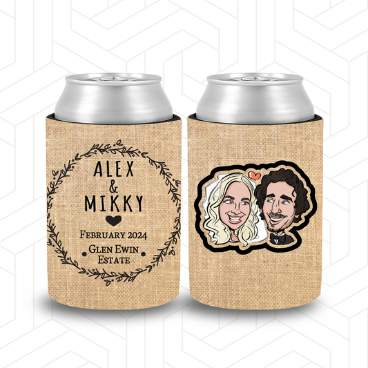 WS060 | Personalised Burlap Wedding Stubby Holders with Couple photo