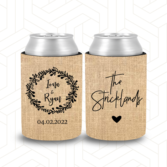 WS062 | Personalised Burlap Wedding Stubby Holders with Large Script Surname and wreath