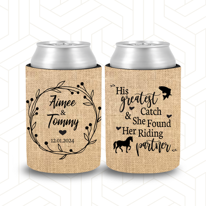 WS063 | Personalised Burlap Wedding Stubby Holders "His Greatest Catch and she found her riding  partner" Fishing and Horses