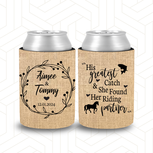 WS063 | Personalised Burlap Wedding Stubby Holders "His Greatest Catch and she found her riding  partner" Fishing and Horses