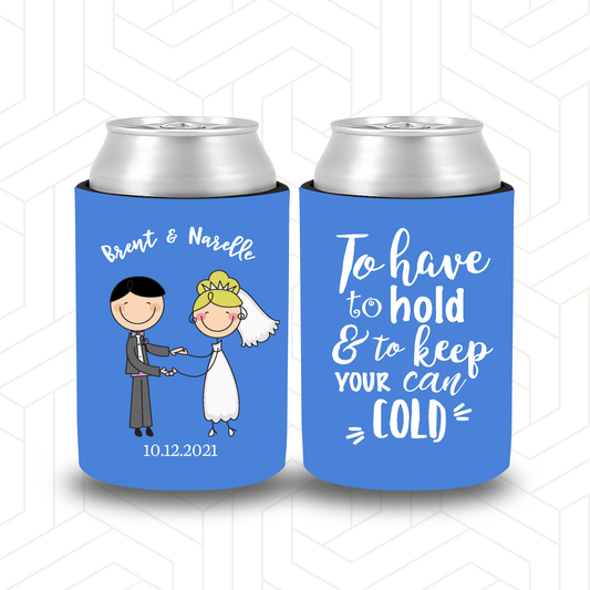 WS066 | Personalised Blue Wedding Stubby Holders Cartoon Couple "To Have To Hold, & to keep your drink cold"