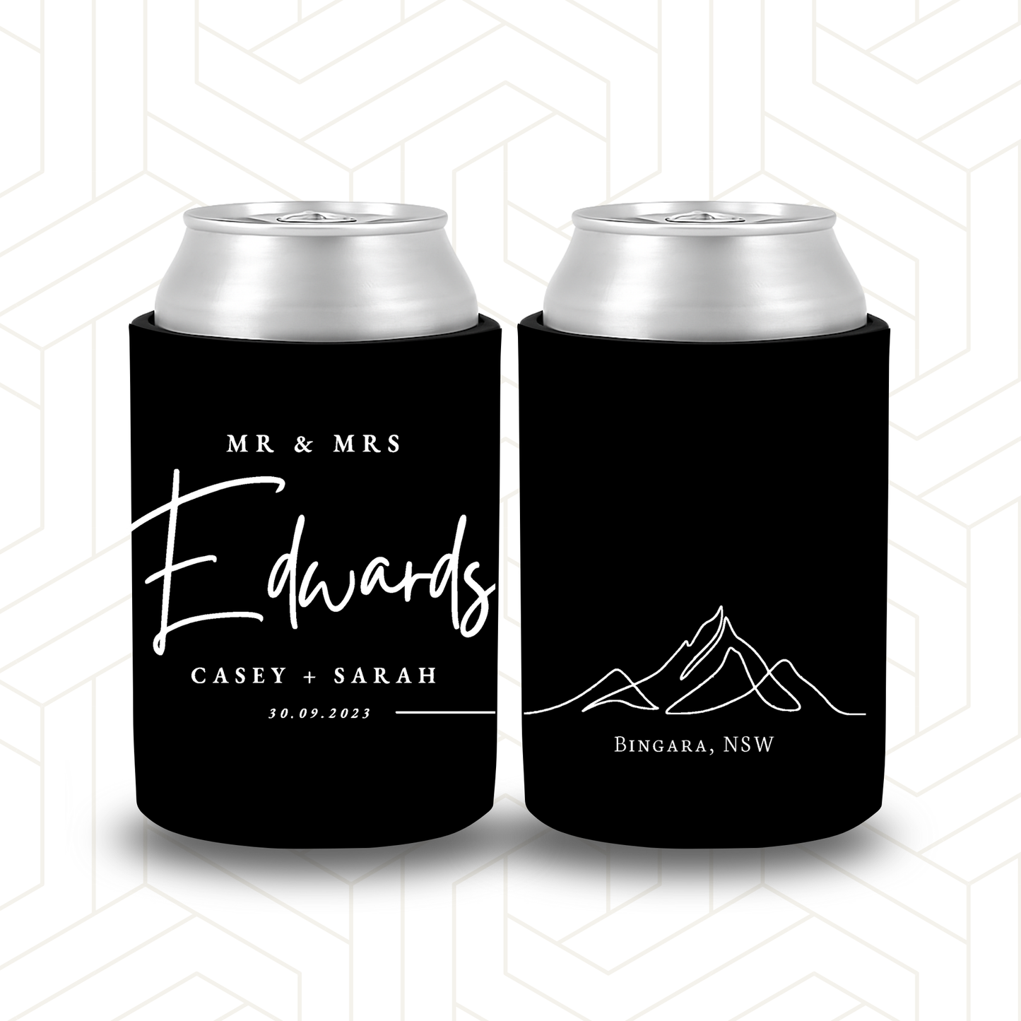 WS067 | Personalised Black Wedding Stubby Holders | Simple Mountain Outline