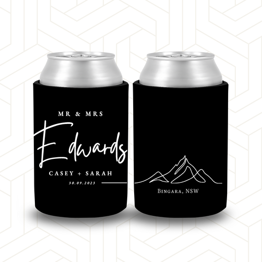 WS067 | Personalised Black Wedding Stubby Holders | Simple Mountain Outline