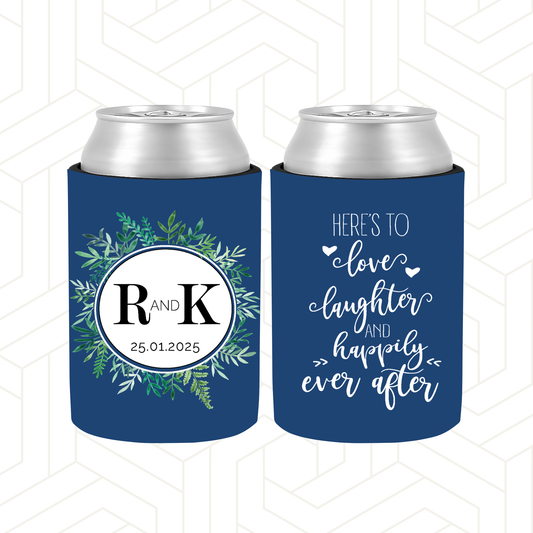 WS068 | Personaised Blue Wedding Stubby Holder | White circle with greenery Wreath With Capitol Letter Initials | "Here is to love laughter