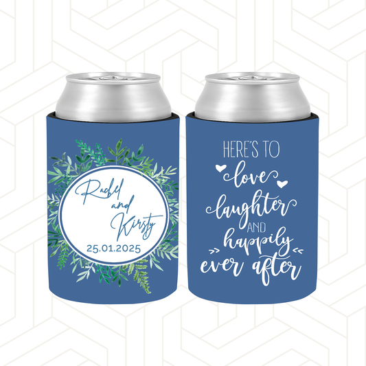WS069 | Wedding Stubby Holder - white circle with greenery leaf - here is to love laughter